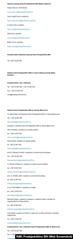 Popis savjetnika članova Predsjedništva BiH na web stranici te insitucije, mart 2026.