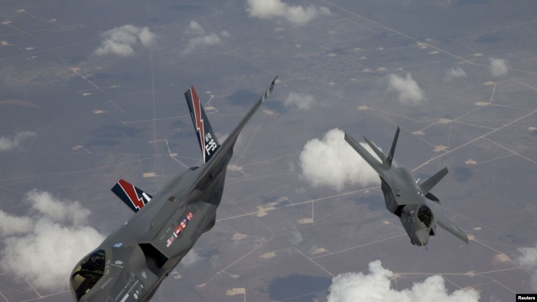 Two F-35 Lightning II planes, produced by Lockheed Martin, arrive at Edwards Air Force Base in California.