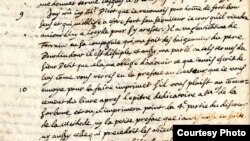 U.S. -- A page from the stolen letter (1641) by Rene Descartes discovered at Haverford College