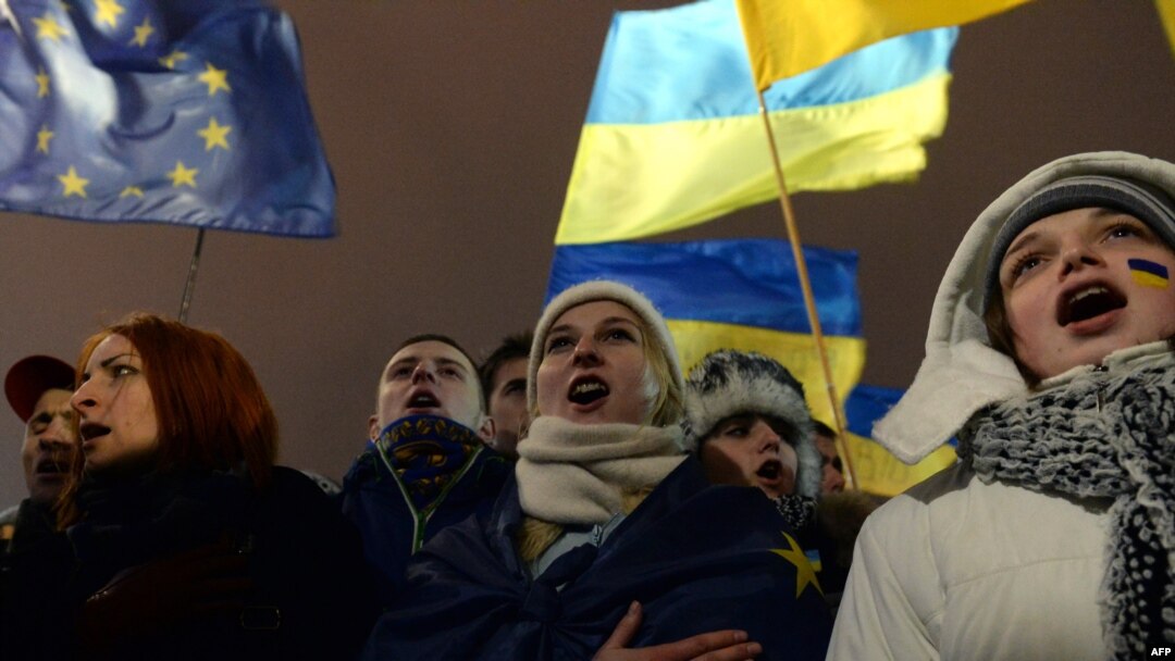 Ukrainian students sing the national anthem during a mass rally on Independence Square in Kyiv in favor of the EU agreement last month. 