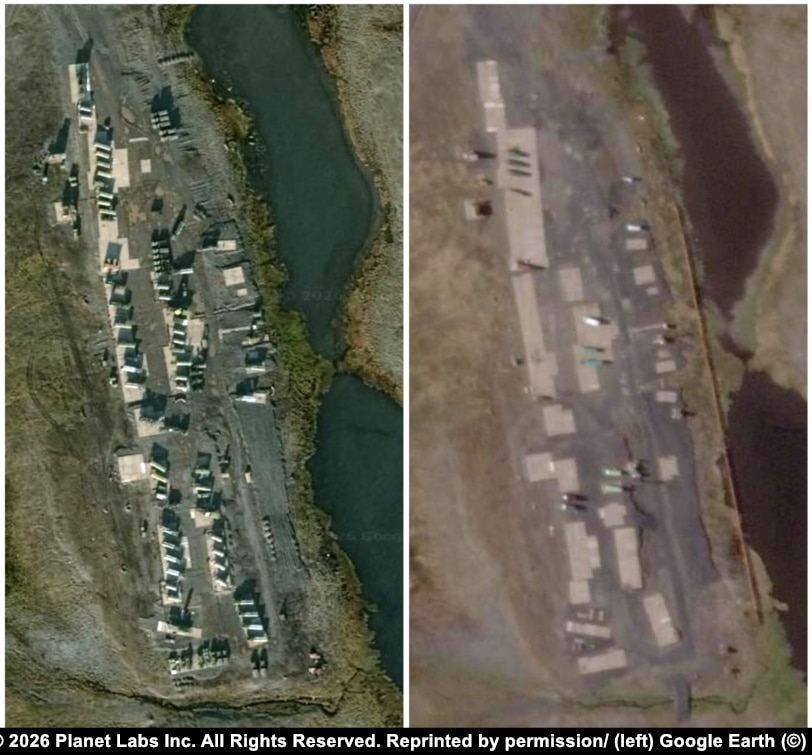 A missile base near the Rogachevo airfield seen in September 2019 (left), when multiple launch vehicles and radars were in place, and July 2026.