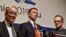 French Foreign Minister Jean-Yves Drian (L), UK Foreign Secretary Jeremy Hunt (C) and German Foreign Minister Heiko Maas give a press conference on Iran at the Informal Meeting of the EU Foreign Ministers at the National Bank of Romania headquarters in Bu