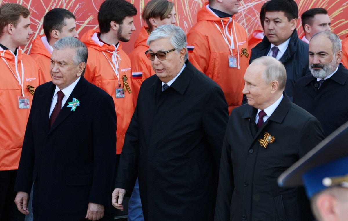 Russian leader Vladimir Putin, Kazakh President Kassym-Jomart Tokayev and Uzbek President Shavkat Mirziyoyev on Red Square in central Moscow, Russia, May 9, 2023