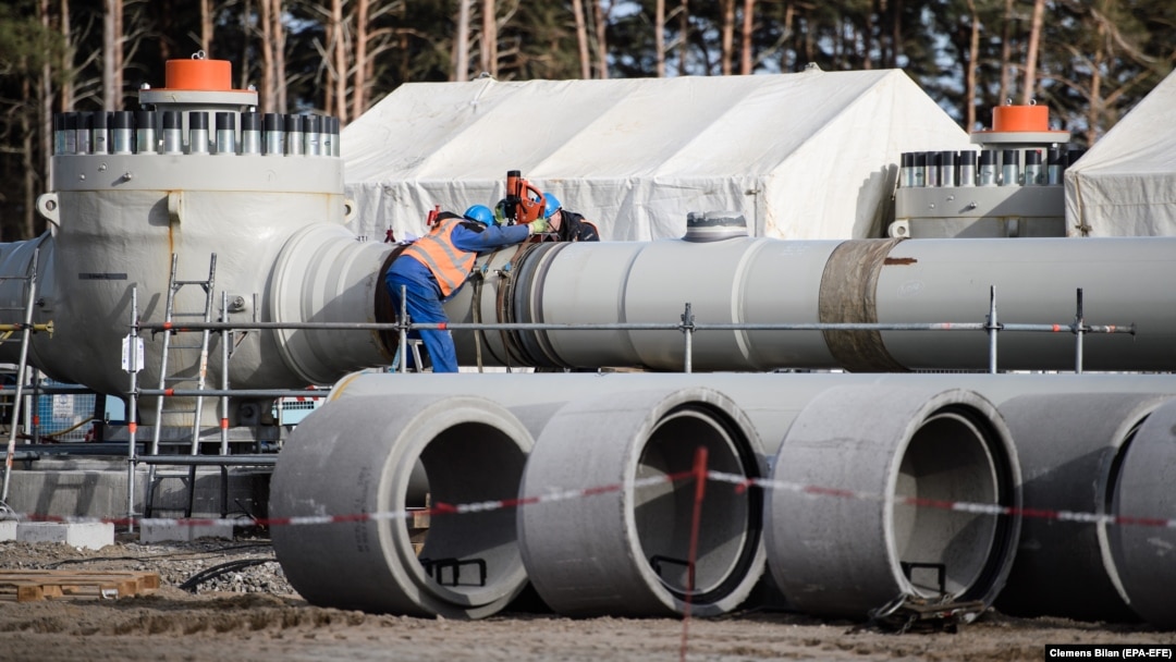 A construction site of the Nord Stream 2 pipeline in Lubmin, Germany, in March