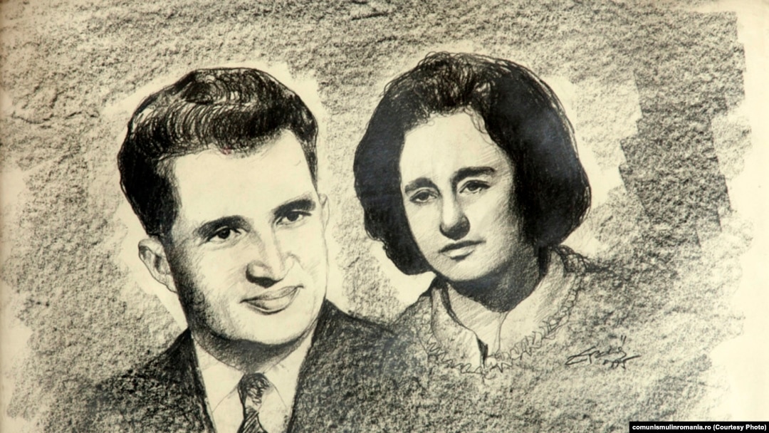 Elena Ceaușescu nu lipsește de lângă șeful ei de partid și de familie în nicio vizită de lucru. Și nici imaginația pictorilor. Nicolae și Elena Ceușescu; autor: Nicolae Erdoș; anii 1980; desen în cărbune. Sursa: comunismulinromania.ro (MNIR)