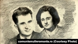 Elena Ceaușescu nu lipsește de lângă șeful ei de partid și de familie în nicio vizită de lucru. Și nici imaginația pictorilor. Nicolae și Elena Ceușescu; autor: Nicolae Erdoș; anii 1980; desen în cărbune. Sursa: comunismulinromania.ro (MNIR)