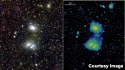 The first composite images from the Max Planck Institute for Extraterrestrial Physics' eROSITA show a neighboring galaxy, the Large Magellanic Cloud, and two interacting clusters of galaxies at a distance of about 800 million light years from Earth.