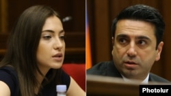 Armenian - Parliament speaker Alen Simonian, right, and opposition lawmaker Anna Mkrtchian attend a session of the National Assembly, Yerevan, August 11, 2021.