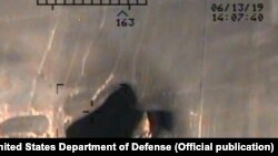 A U.S. military image released by the Pentagon in Washington on June 17, which it claims bolster allegations that Iran was responsible for attacks last week on two oil tankers in the Gulf of Oman. 