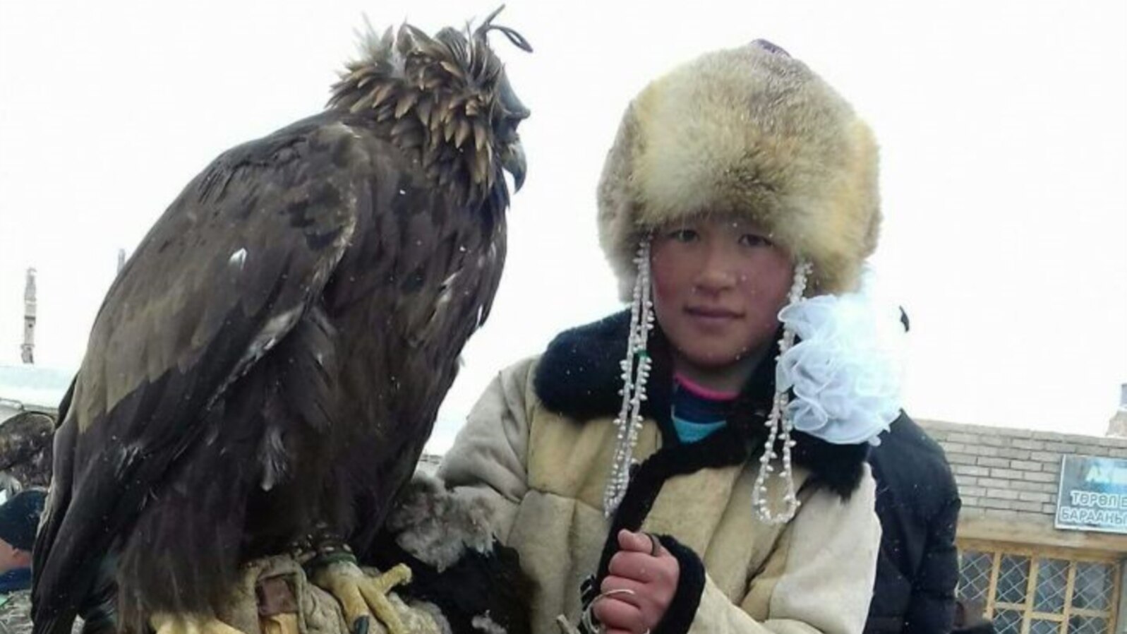 Әйгерім Әскер, Моңғолияда тұратын бүркітші қыз қыран құсымен.