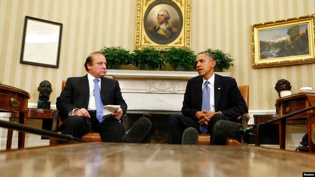 Pakistani Prime Minister Nawaz Sharif (left) says he told U.S. President Barack Obama to halt drone attacks in Pakistan.