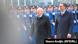 Doček Aleksandra Lukašenka ispred Palate Srbija u Beogradu tokom njegove posete 3. decembra 2019. godine. (na fotografiji sa predsednikom Srbije Aleksandrom Vučićem)