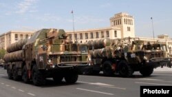 Armenia - Russian-made S-300 air-defense systems are driven through Yerevan's Republic Square during a military parade rehearsal, 19Sep2011.