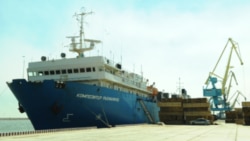 A Russian cargo ship docked at Port Olya in Russia's Astrakhan region on the Caspian Sea (file photo)