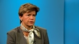 Latvian Foreign Minister Baiba Braze in an exclusive interview with RFE/RL's Rikard Jozwiak in Prague, July 4, 2025.