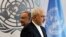Iranian Foreign Minister Mohammad Zarif walks past United Nations Secretary-General Antonio Guterres at U.N. Headquarters in New York, July 17, 2017. FILE PHOTO