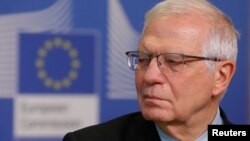 Josep Borrell, az Európai Unió kül-és biztonságpolitikáért felelős főképviselője Brüsszelbe, 2022. február 27-én.