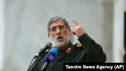 Gen. Ismail Qaani speaks in a meeting at the shrine of the late revolutionary founder Ayatollah Khomeini just outside Tehran, May 24, 2017