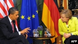 U.S. President Barack Obama and German Chancellor Angela Merkel in Dresden on June 5