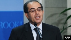 Mahmud Jibril speaks at the Brookings Institution in Washington.