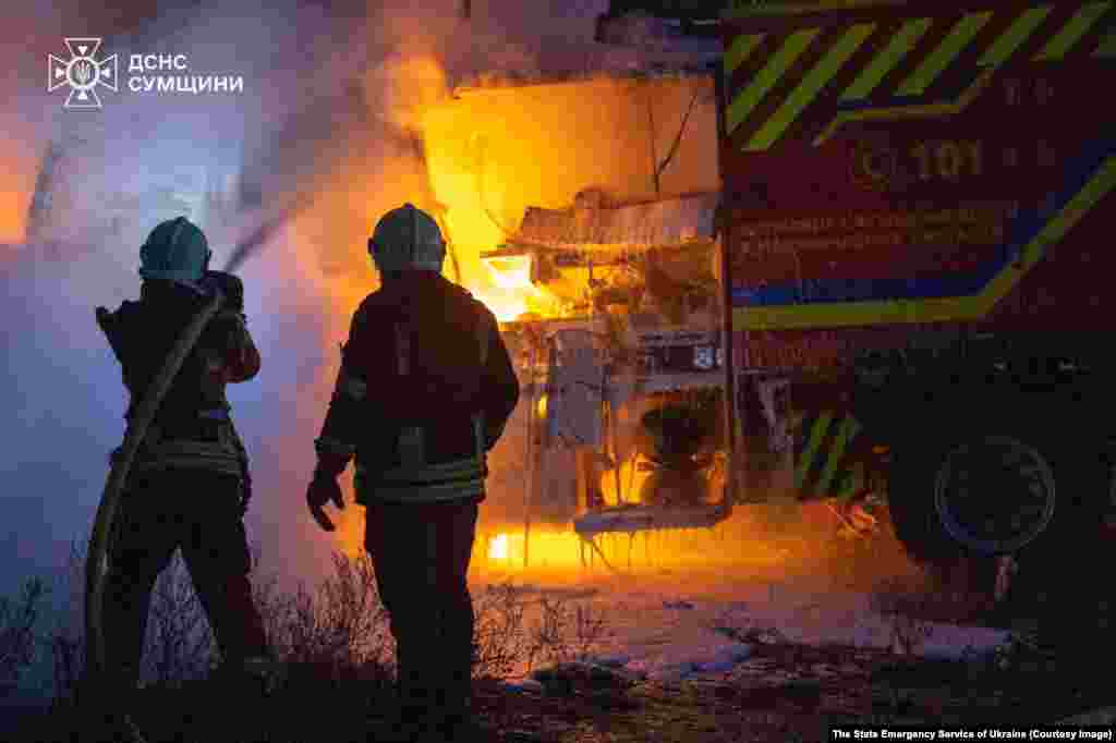  Ukraine's State Emergency Service say the vehicle was hit with a precision strike "impossible to be accidental." No rescuers were hurt in the incident.