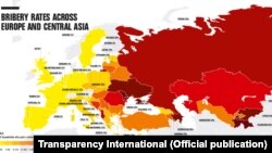 Transparency International ұйымының 2016 жылғы Еуропа мен Орталық Азия елдеріндегі коррупция деңгейі туралы есебінің картасы.