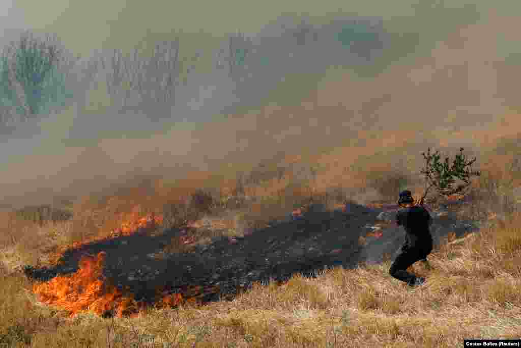 Një burrë duke luftuar me flakët, teksa zjarri i egër përhapej pranë Agios Stefanosit, në veri të Athinës, në Greqi. (6 gusht)