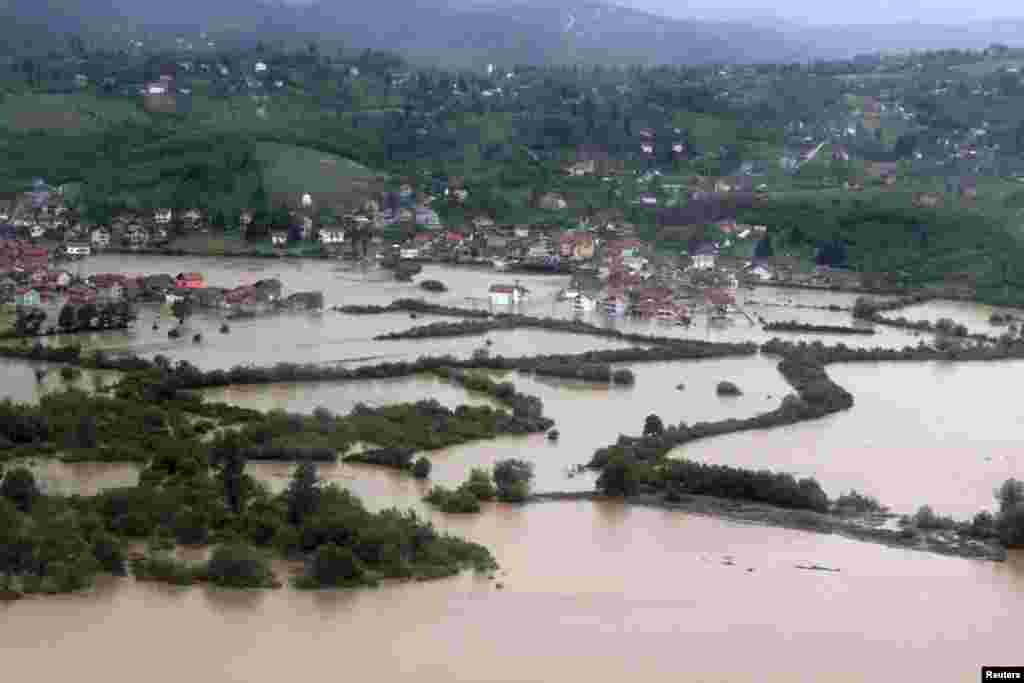 An aerial view of a flooded suburb of Sarajevo, Bosnia-Herzegovina