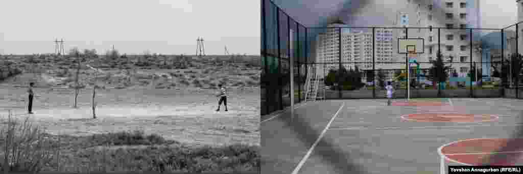 Ashgabat has seen rapid development, with the construction of new residential buildings and exclusive neighborhoods. The provinces have not been so lucky. At right, a newly built playground in the Turkmen capital stands in striking contrast to a volleyball field in Annagurban's home village, Dostluk, 40 years ago.