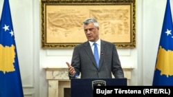 Kosovo President Hashim Thaçi in a press conference 