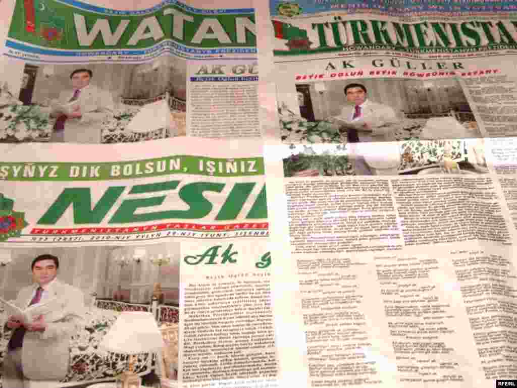 Turkmen newspapers published identical photographs of a white-suited Berdymukhammedov on the occasion of his birthday,&nbsp;June 29. 