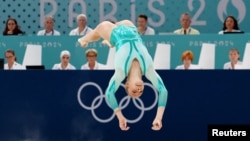 Ana Maria Barbosu competes in the women's floor exercise final at the Paris Olympics on August 5.