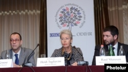 Armenia - Heidi Tagliavini, head of an OSCE election monitoring mission, and her deputy Stefan Krause (L) give a press conference in Yerevan, 11Jan2013.