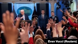 US President Donald Trump takes questions as he speaks during a press conference in the White House in Washington, D.C., on April 6, 2026.