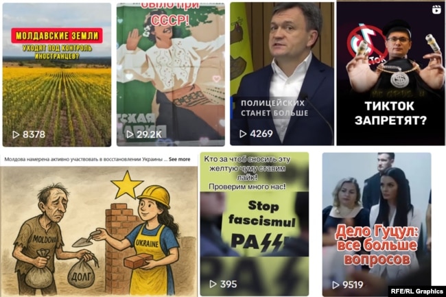 Fotografi të llogarive në TikTok, Facebook dhe Instagram që përhapin rrëfime të rreme në Moldavi.