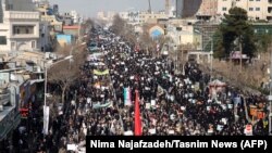 Demonstrație pro-guvernamentală în Mashhad, după ce autoritățile au anunțat că au pus capăt tulburărilor violente, 4 ianuarie 2018