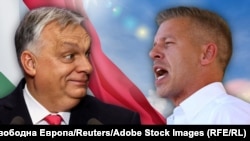 Колаж с Виктор Орбан (вляво) и Петер Мадяр.