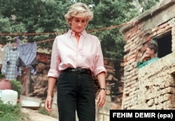 Princess Diana leaves the house of land-mine victim Mirzeta Gabelic (not pictured) during her visit to Sarajevo in August 1997, shortly before her death.