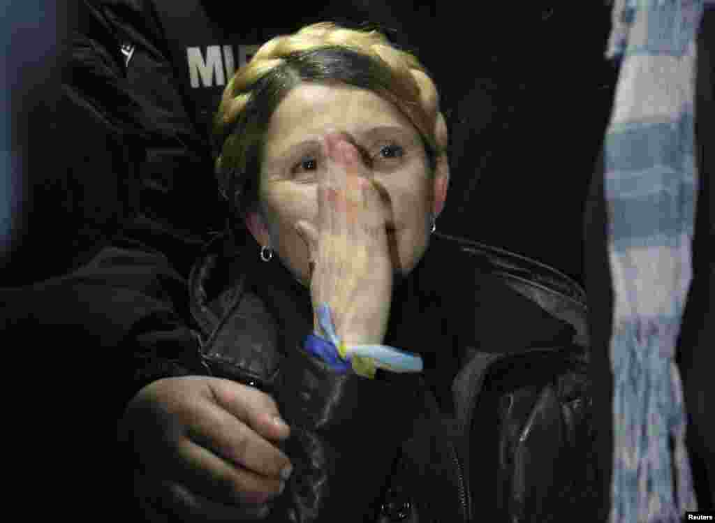 Ukrainian opposition leader Yulia Tymoshenko becomes emotional after she was freed on February 22, 2014.