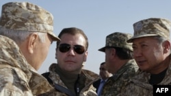 Russian President Dmitry Medvedev (center, with left to right: Kazakhstan's Nursultan Nazarbaev, Tajikistan's Emomali Rahmon, and Kyrgyzstan's Kurmanbek Bakiev at CSTO exercises) hopes to make the CSTO a rival to NATO.