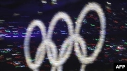 Illuminated Olympic rings during the opening ceremony