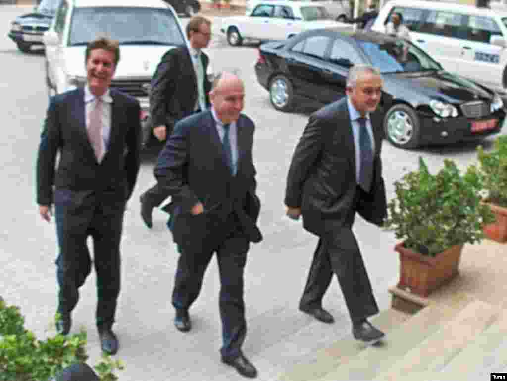 U.S. Minsk Group co-Chairman Matthew Bryza (left) and his fellow co-chairs arrive in Baku in October (Turan) - U.S. Deputy Assistant Secretary of State Matthew Bryza, the U.S. co-chair of the Minsk Group tasked with negotiating a settlement of the Nagorno-Karabakh dispute between Armenia and Azerbaijan, made headlines by telling RFE/RL in June that a solution requires more "political will" from the leaders of the two countries.