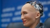 UKRAINE -- The robot Sophia reacts during a press conference in Kyiv, October 11, 2018