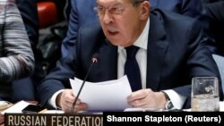 Serghei Lavrov adresîndu-se membrilor Consiliului de Securitate ONU la 18 ianuarie