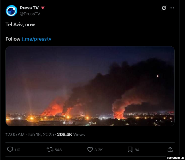 PressTV's post using image from Ukraine, claiming to be in Tel Aviv.