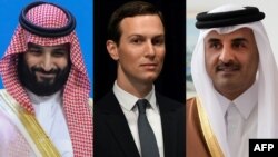 جرد کوشنر، مشاور ارشد و داماد رئیس جمهوری آمریکا (وسط) و شیخ تمیم بن حمد آل ثانی، امیر قطر (راست)، محمد بن سلمان،‌ولیعهد عربستان (چپ)