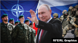 Коллаж: президент России Владимир Путин, солдаты НАТО, российские военные 