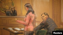 Judge Sarah Netburn (left) listens to defense attorney Sabrina Shroff as Yevgeny Buryakov (right) sits in court in New York on January 26.