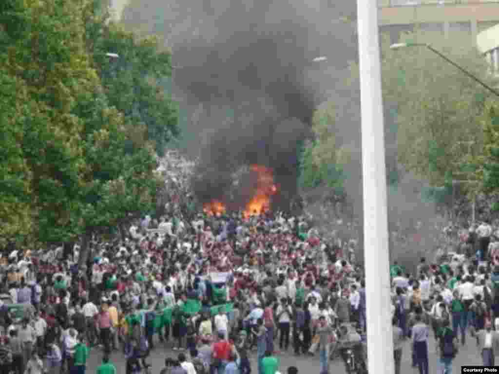 After election officials declared Ahmadinejad the winner, thousands of supporters of Mir Hossein Musavi protested.