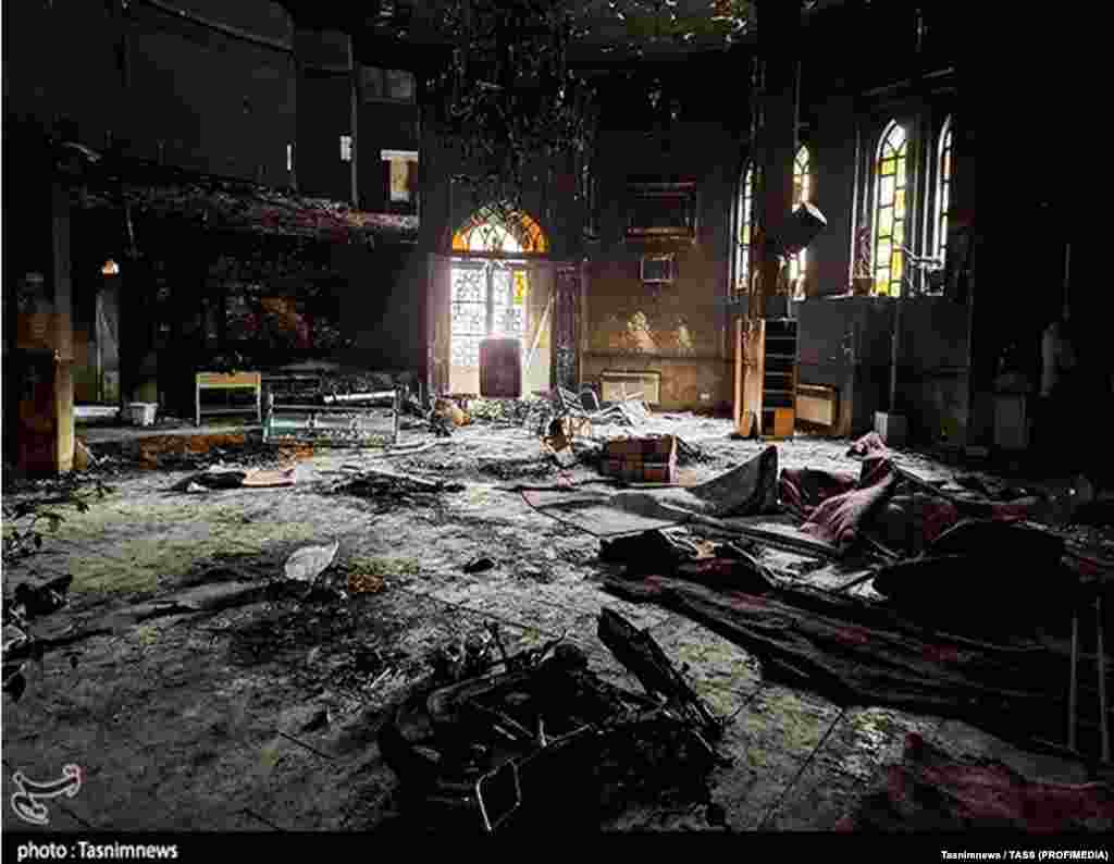 The interior of the Abuzar Mosque in Tehran after it was targeted during the mass uprising.The mosque was the site of an attempted assassination of Ayatollah Ali Khamenei in 1981. Khamenei was a presidential candidate at the time and now rules the country as Iran's supreme leader.